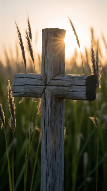 A closeup shot of a handmade wooden cross in the field with the sun shining