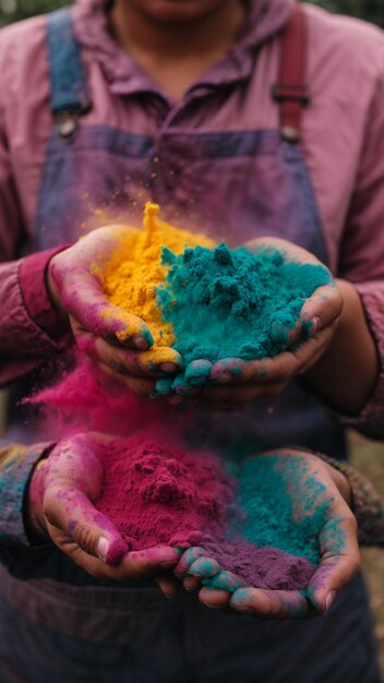 A closeup shot of hands keeping colors for the Festival of Color in India