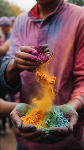 A closeup shot of hands keeping colors for the Festival of Color in India