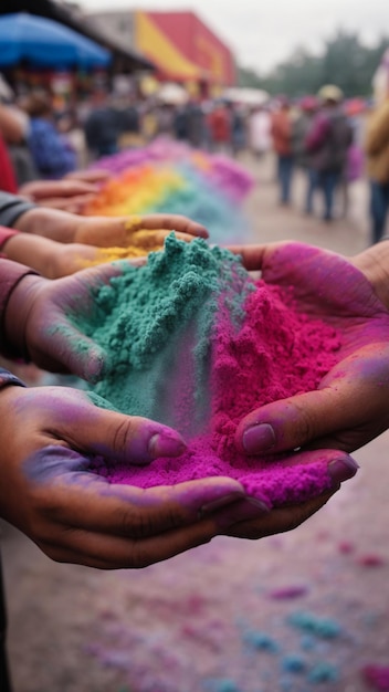 A closeup shot of hands keeping colors for the Festival of Color in India