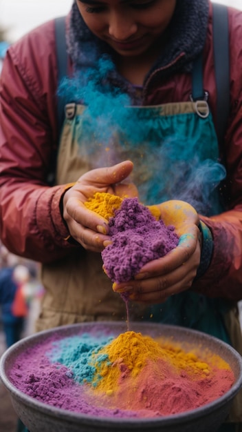 A closeup shot of hands keeping colors for the Festival of Color in India