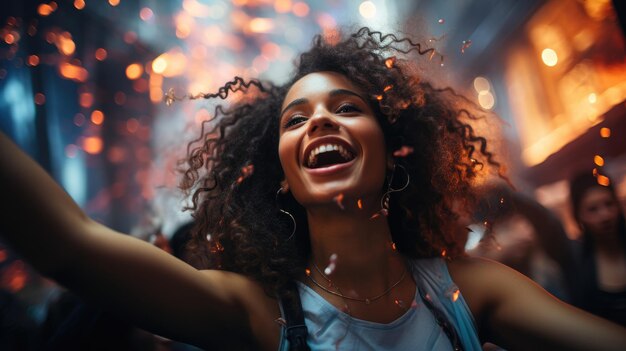 Closeup shot of a happy woman among confetti at a New Year's Eve celebration