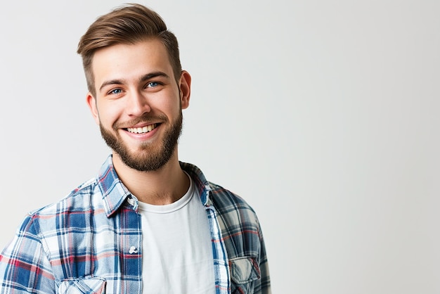 closeup shot of happy young man posing on white isolated background