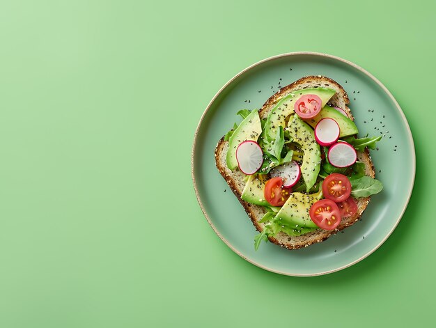 A closeup shot of a healthy avocado toast with cherry tomatoes radish and arugula on a teal plate with copy space on a green background