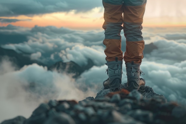 Closeup shot of hiker on peak showcasing gear and triumphSuggested concise titleUpclose view