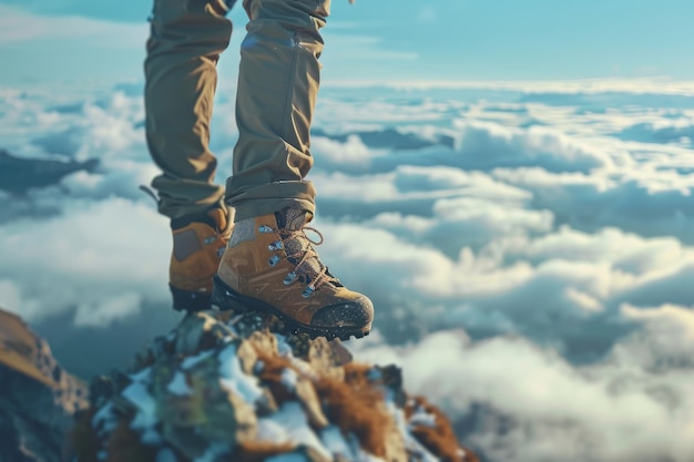 Closeup shot of hiker on peak showcasing gear and triumphSuggested concise titleUpclose view