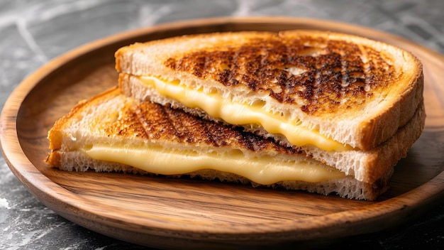 Closeup Shot of a Homemade Grilled Cheese Sandwich on a Wooden Plate Concept Food Photography Closeup Shot Homemade Grilled Cheese Sandwich Wooden Plate Comfort Food