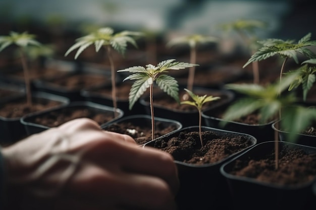 Closeup shot of human hands planting cannabis plants highlighting the handson work required in the cultivation of this plant Generative AI