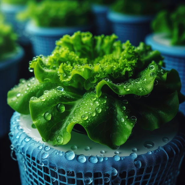 A closeup shot of a hydroponic lettuce growing in a blue net pot with nutrient solution