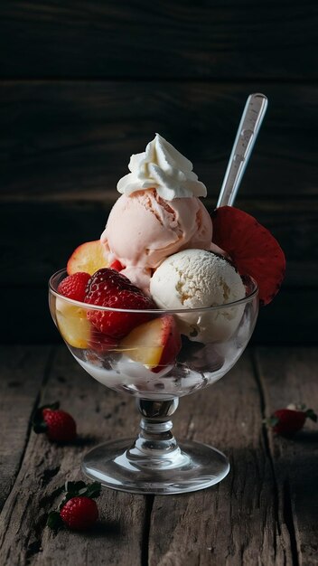 Closeup shot of ice cream dessert with fruits and whipped cream