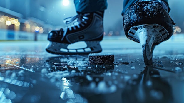 Photo a closeup shot of an ice hockey skate stopping next to a puck on the glossy ice surface of a rink with lights reflecting