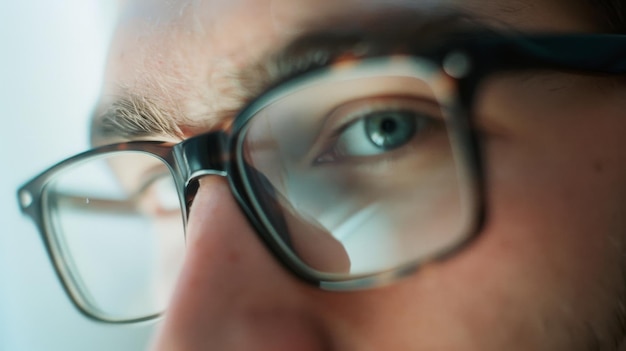 A closeup shot of an individual wearing glasses with the reflection of their eye clearly visible through the lens