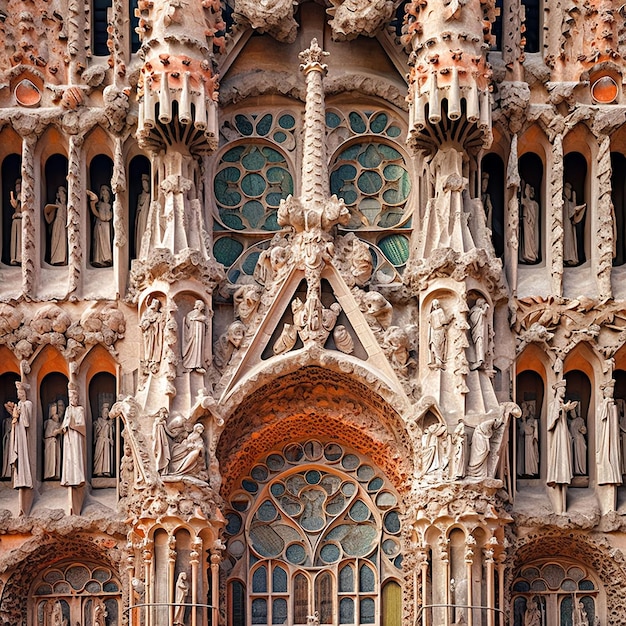 A closeup shot of the intricate facade of the Sagrada Familia in Barcelona with its ornate carving