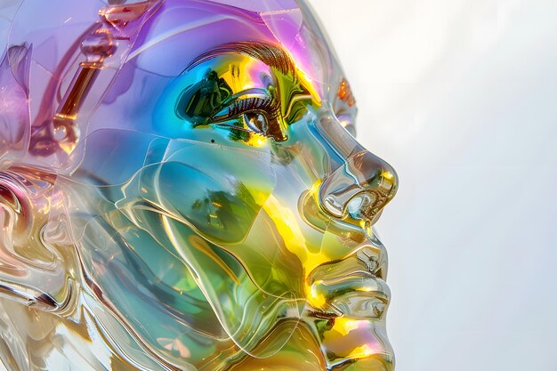 Photo a closeup shot of an iridescent glass sculpture head reflecting the light