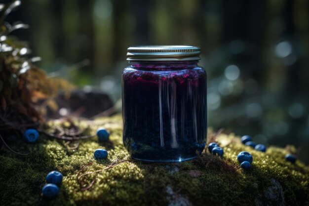 Photo a closeup shot of a jar of blueberry preserve placed on a mossy surface in an outdoor setting the scene is surrounded by scattered fresh blueberries and natural foliage creating a rustic organic