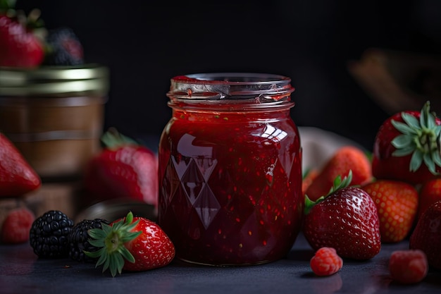 Closeup shot of jar of homemade strawberry jam with red berries visible created with generative ai