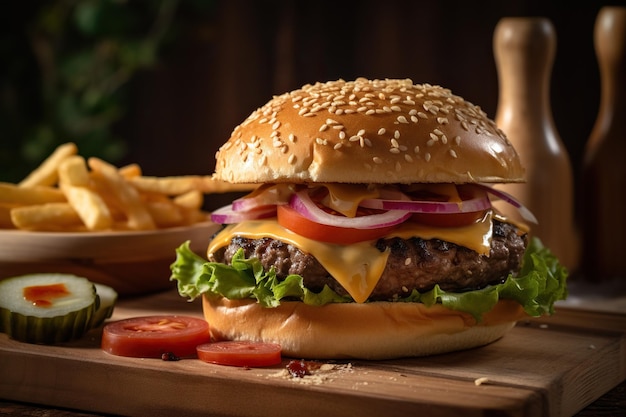 Closeup shot of a juicy beef burger with melted cheese looks absolutely delicious