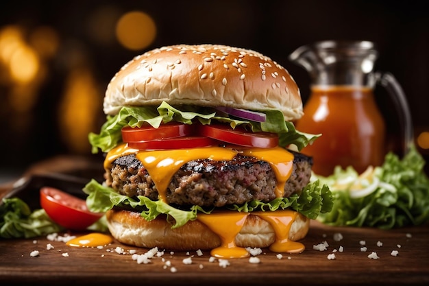 Closeup of shot of a juicy burger with melting cheese and crisp lettuce