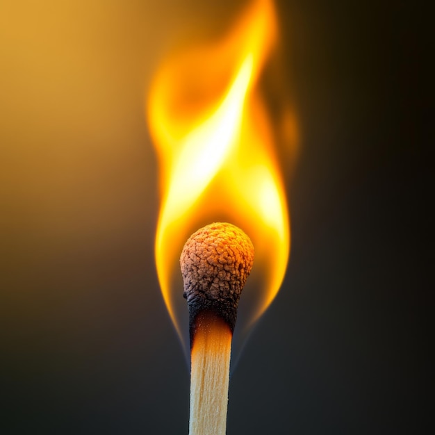 A closeup shot of a lit matchstick with a bright orange flame against a dark background