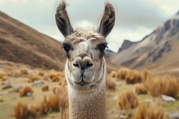 CloseUp Shot of a Llama in Andes Mountains