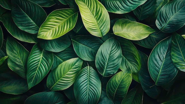 Photo a closeup shot of a lush green foliage with large elongated leaves showcasing their intricate veins and textured surface the dark green hues create a sense of depth and tranquility