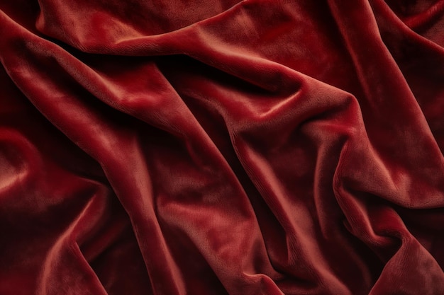 Photo closeup shot of luxurious red velvet fabric with deep folds and texture