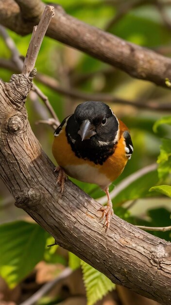 Closeup shot of a male hawfinch sitting on a branch