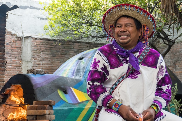 Closeup shot of a man from the Huichol tribe in Mexico