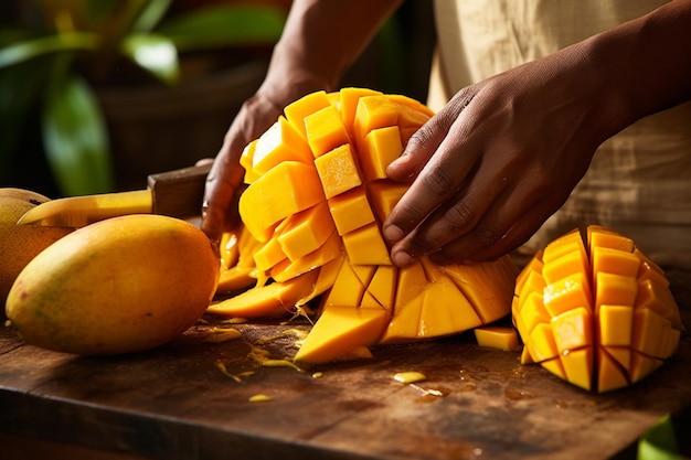 A closeup shot of mangoes at different stages of ripeness