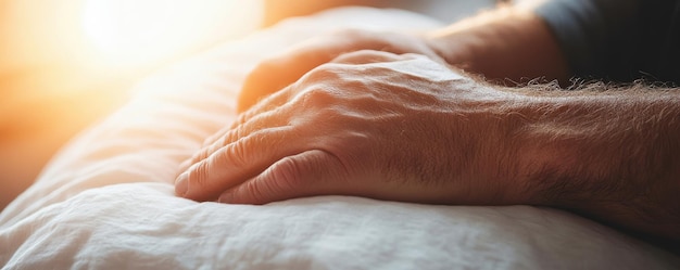 Closeup shot of a mans hand resting gently on a soft pillow capturing peace and comfort in a calm setting