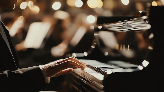 Closeup shot of a mans hands playing a grand piano