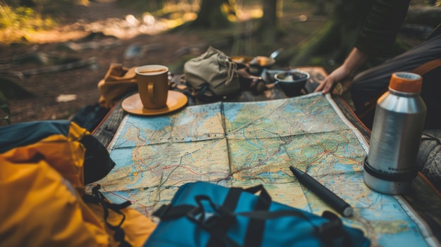 Photo a closeup shot of a map spread out on a camping table with a finger tracing a route