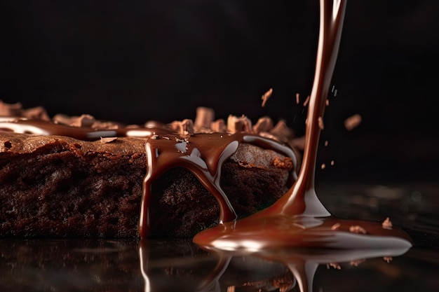 Closeup shot of melted chocolate being poured over a sweet chocolate cake on a dark background