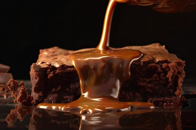 Closeup shot of melted chocolate being poured over a sweet chocolate cake on a dark background