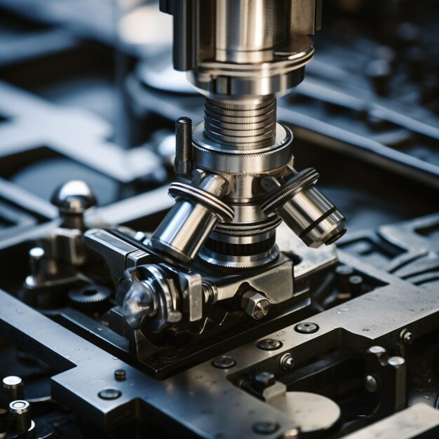 Closeup shot of microscope with metal lens at lab