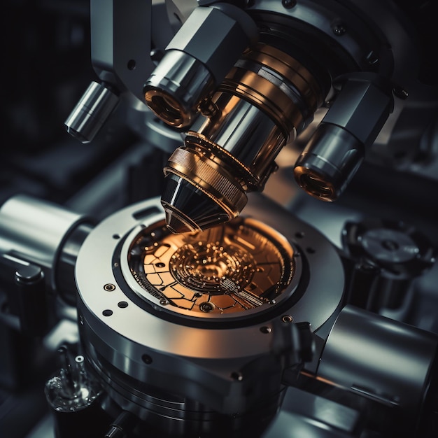 Closeup shot of microscope with metal lens at lab