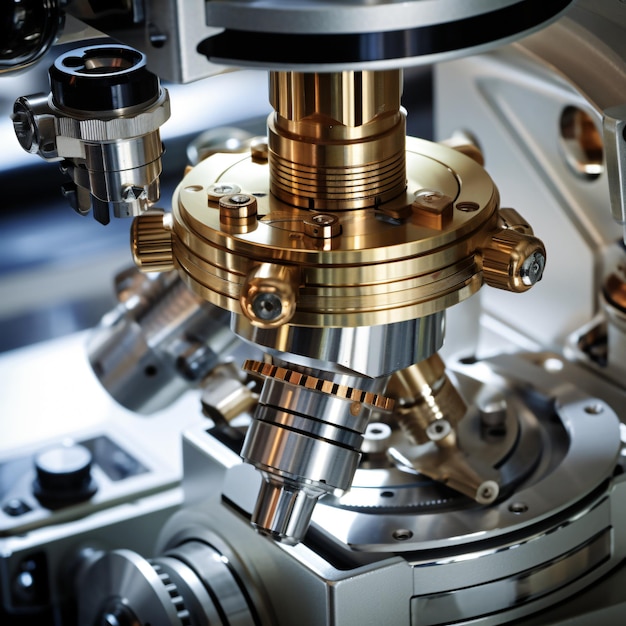 Closeup shot of microscope with metal lens at lab