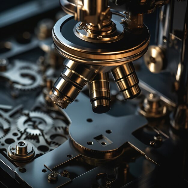 Closeup shot of microscope with metal lens at lab