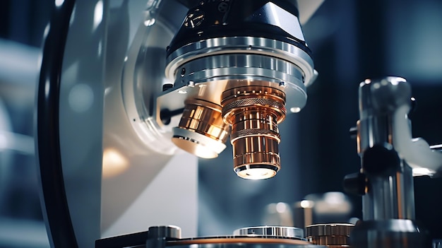 Closeup shot of microscope with metal lens at lab