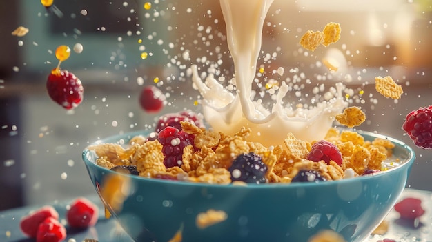 Photo a closeup shot of milk being poured into a bluerimmed bowl filled with granola