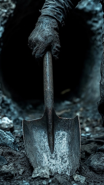 Photo closeup shot of miners dirty hands gripping a tool