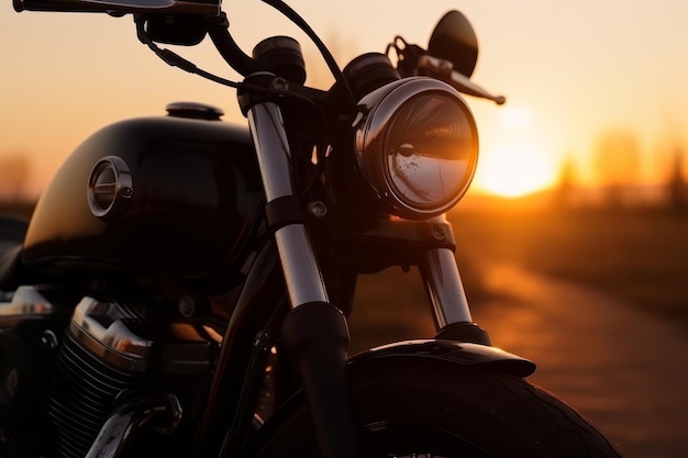 Closeup shot of a motorcycle on a sunset background generative AI