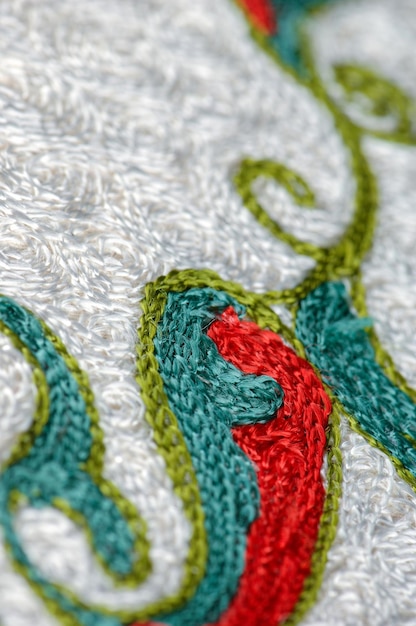 A closeup shot of national ornaments and patterns of Central Asia on a piece of fabric