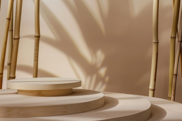 A closeup shot of a natural bamboo display with soft light and shadows The display features three circular wooden platforms and a backdrop of natural bamboo stalks