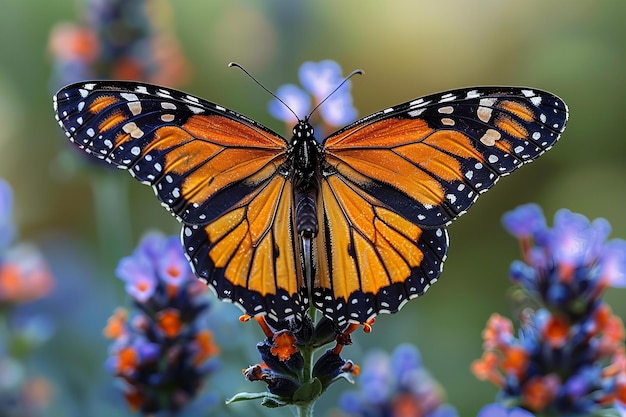 Photo a closeup shot of an orange and black monarch butterfly perched on the purple flowers with its wing