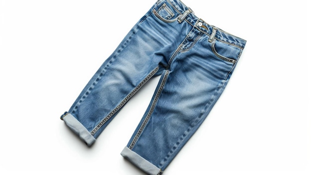 A closeup shot of a pair of light blue denim jeans with rolled up cuffs isolated on a white background