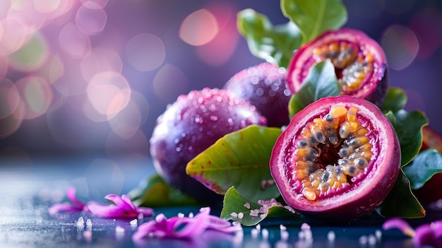 Photo a closeup shot of a passionfruit blossom with dew drops and leaves in focus capturing the beauty