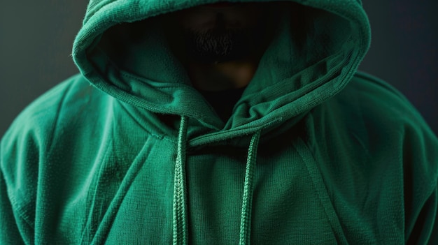 Closeup shot of a person wearing a green hoodie against a dark or black background