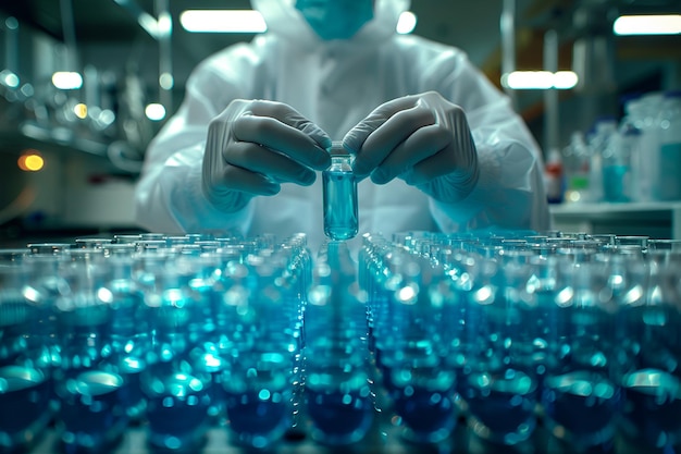 Photo closeup shot person in white lab coat handling blue liquid vials with bright professional lightin