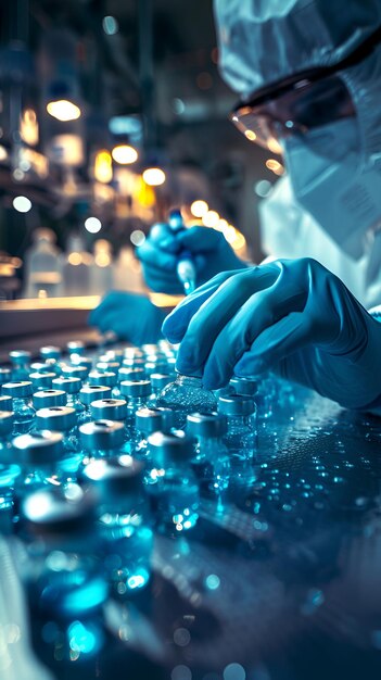 Photo closeup shot person in white lab coat handling blue liquid vials with bright professional lightin